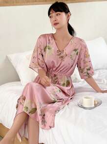 DAZY Floral Print V Neck Nightgown - Pink - View 6