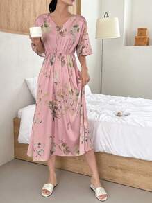 DAZY Floral Print V Neck Nightgown - Pink - View 8