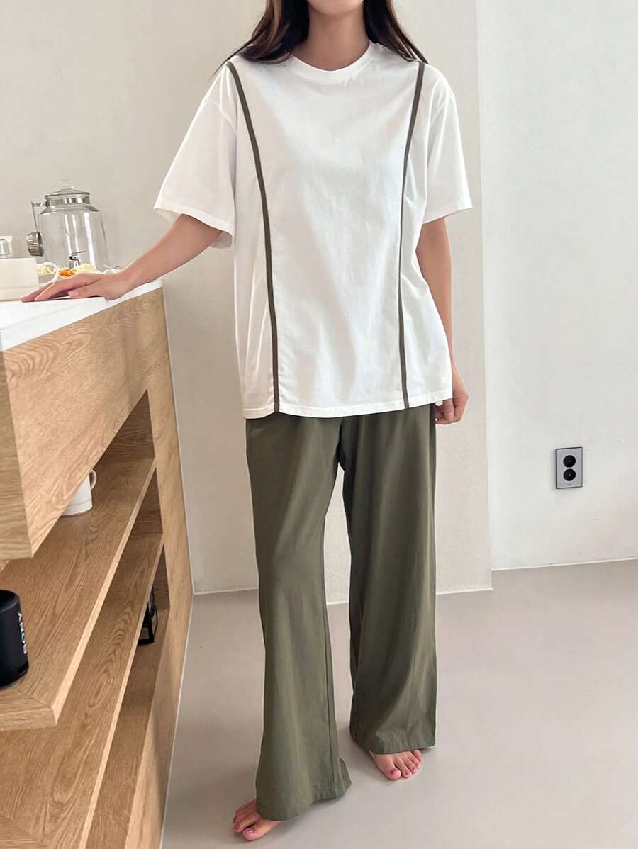 DAZY Contrast Piping Drop Shoulder Lounge Set Pajama - Green - View 1