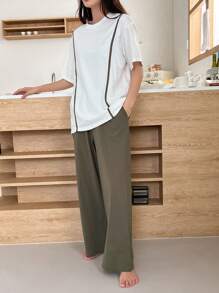 DAZY Contrast Piping Drop Shoulder Lounge Set Pajama - Green - View 5
