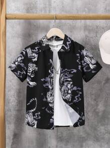 SHEIN 男童寬鬆短袖襯衫，鈕扣開合，通體老虎印花，適合休閒、運動、街頭和度假，春夏 - 彩色 - 查看 1
