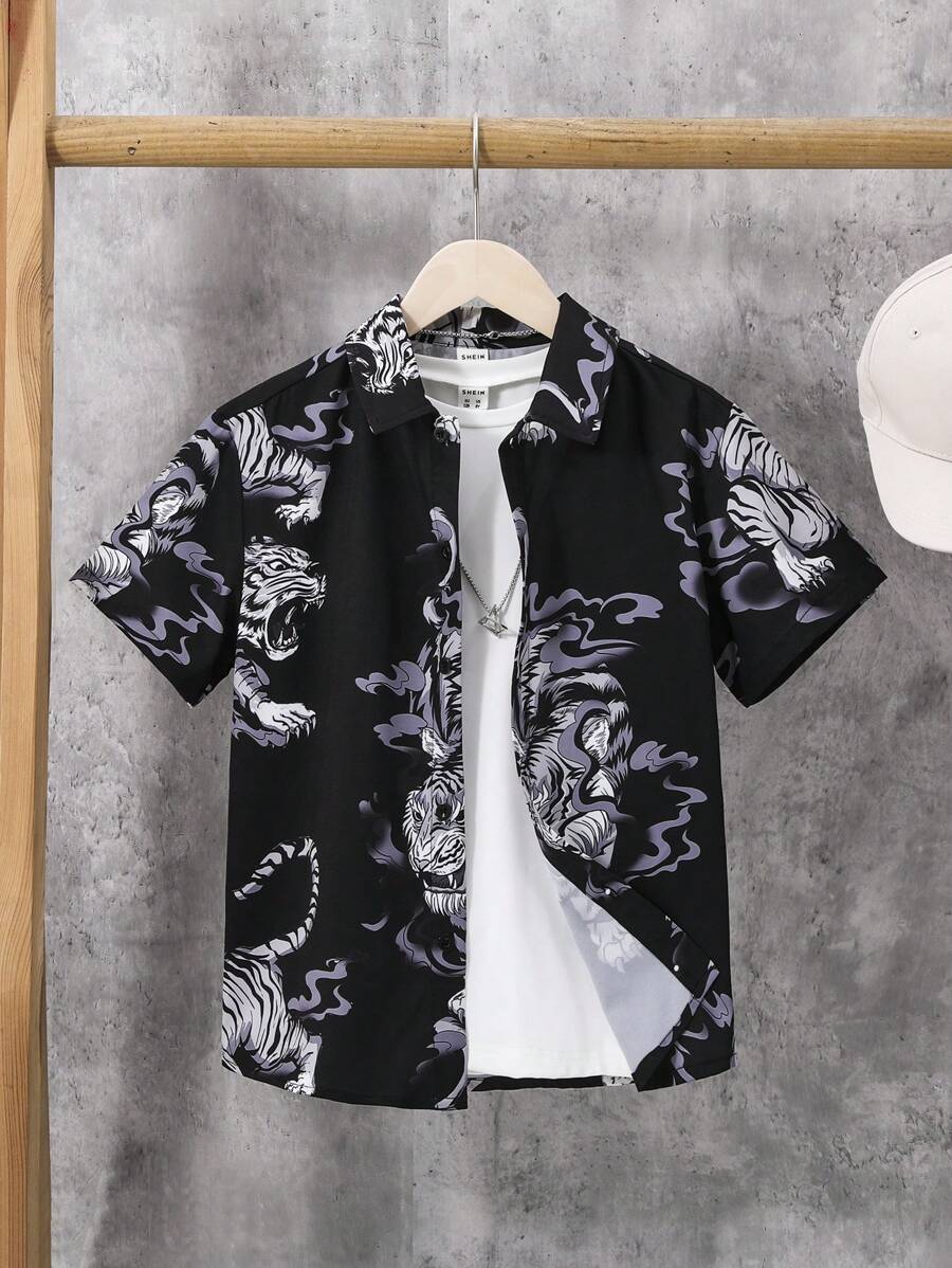 SHEIN 男童寬鬆短袖襯衫，鈕扣開合，通體老虎印花，適合休閒、運動、街頭和度假，春夏 - 彩色 - 查看 1