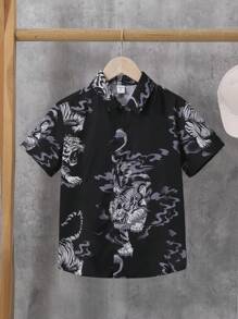 SHEIN 男童寬鬆短袖襯衫，鈕扣開合，通體老虎印花，適合休閒、運動、街頭和度假，春夏 - 彩色 - 查看 2