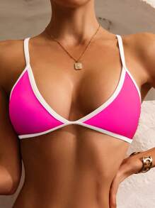 Top bikini triángulo unido en contraste - Rosa Fucsia - Ver 1