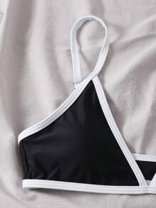 Summer Beach Contrast Binding Triangle Bikini Top - Black - View 5