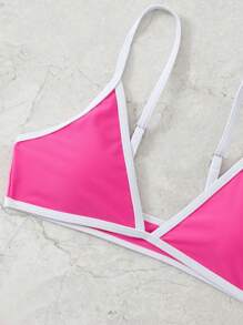 Top bikini triángulo unido en contraste - Rosa Fucsia - Ver 3