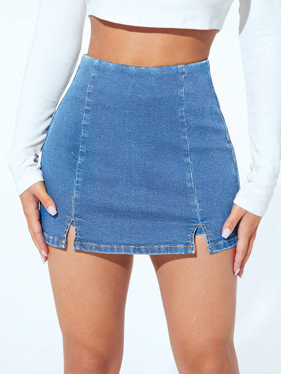 SHEIN PETITE Split Hem Denim Skort - Medium Wash - View 1