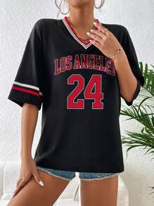 SHEIN EZwear Áo thun nữ Tương phản ràng buộc Lá thư Sọc Giải trí - màu đen - Xem 3