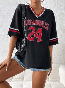 SHEIN EZwear Áo thun nữ Tương phản ràng buộc Lá thư Sọc Giải trí - màu đen - Xem 4