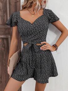 SHEIN LUNE Ditsy Floral Print Knot Hem Top & Shorts - Black - View 3