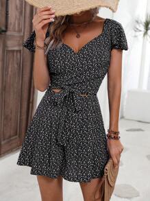 SHEIN LUNE Ditsy Floral Print Knot Hem Top & Shorts - Black - View 4