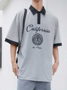 Manfinity Hypemode Men Letter Graphic Contrast Trim Polo Shirt - Grey - View 1