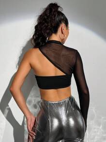 SHEIN ICON 網紗拼接不對稱領短款上衣 - 黑色 - 查看 2