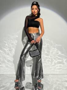 SHEIN ICON 網紗拼接不對稱領短款上衣 - 黑色 - 查看 3