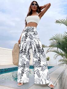 SHEIN VCAY Tropical Print Wide Leg Trousers - Black and White - View 1