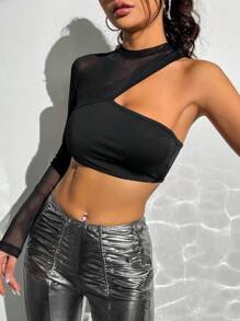 SHEIN ICON 網紗拼接不對稱領短款上衣 - 黑色 - 查看 6