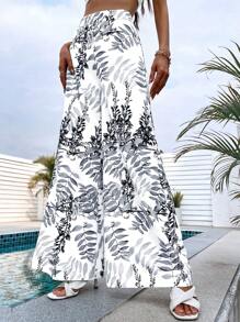 SHEIN VCAY Tropical Print Wide Leg Trousers - Black and White - View 3