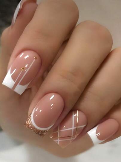 24 قطعة أظافر مزيفة على شكل مربع قصير بنمط فرنسي ومعهم مبرد أظافر وورقة لاصقة، تزين الأظافر اضافر صناعيه اظافر اصطناع