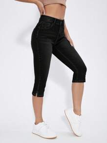 Split Hem Skinny Capri Jeans - Black - View 1