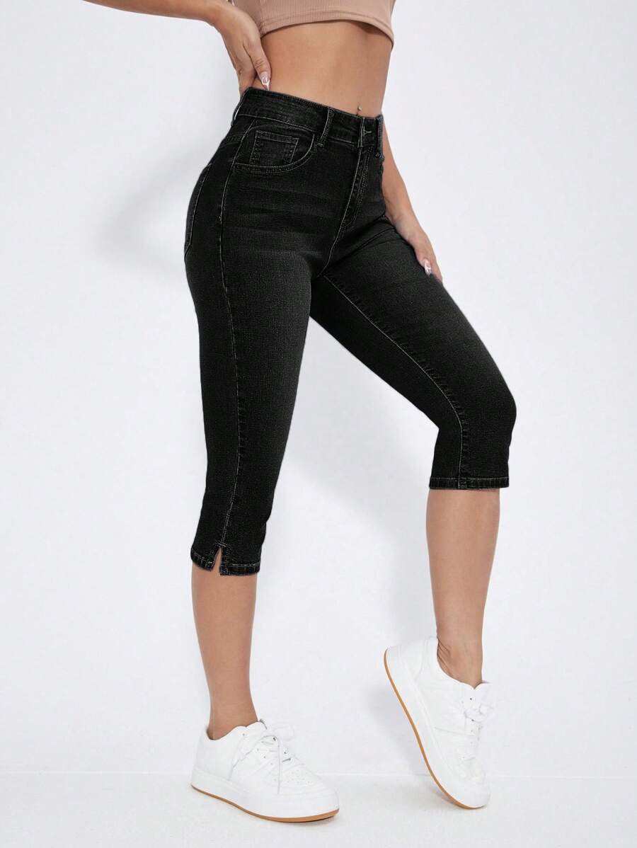 Split Hem Skinny Capri Jeans - Black - View 1