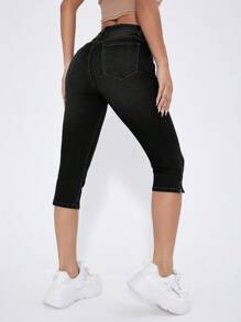 Split Hem Skinny Capri Jeans - Black - View 2