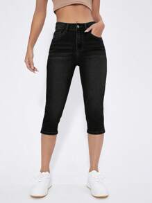Split Hem Skinny Capri Jeans - Black - View 5