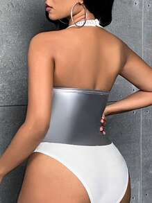 Slaydiva Contrast Lace Trim Halter Neck PU Bodysuit - Silver - View 3