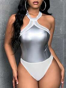 Slaydiva Contrast Lace Trim Halter Neck PU Bodysuit - Silver - View 1