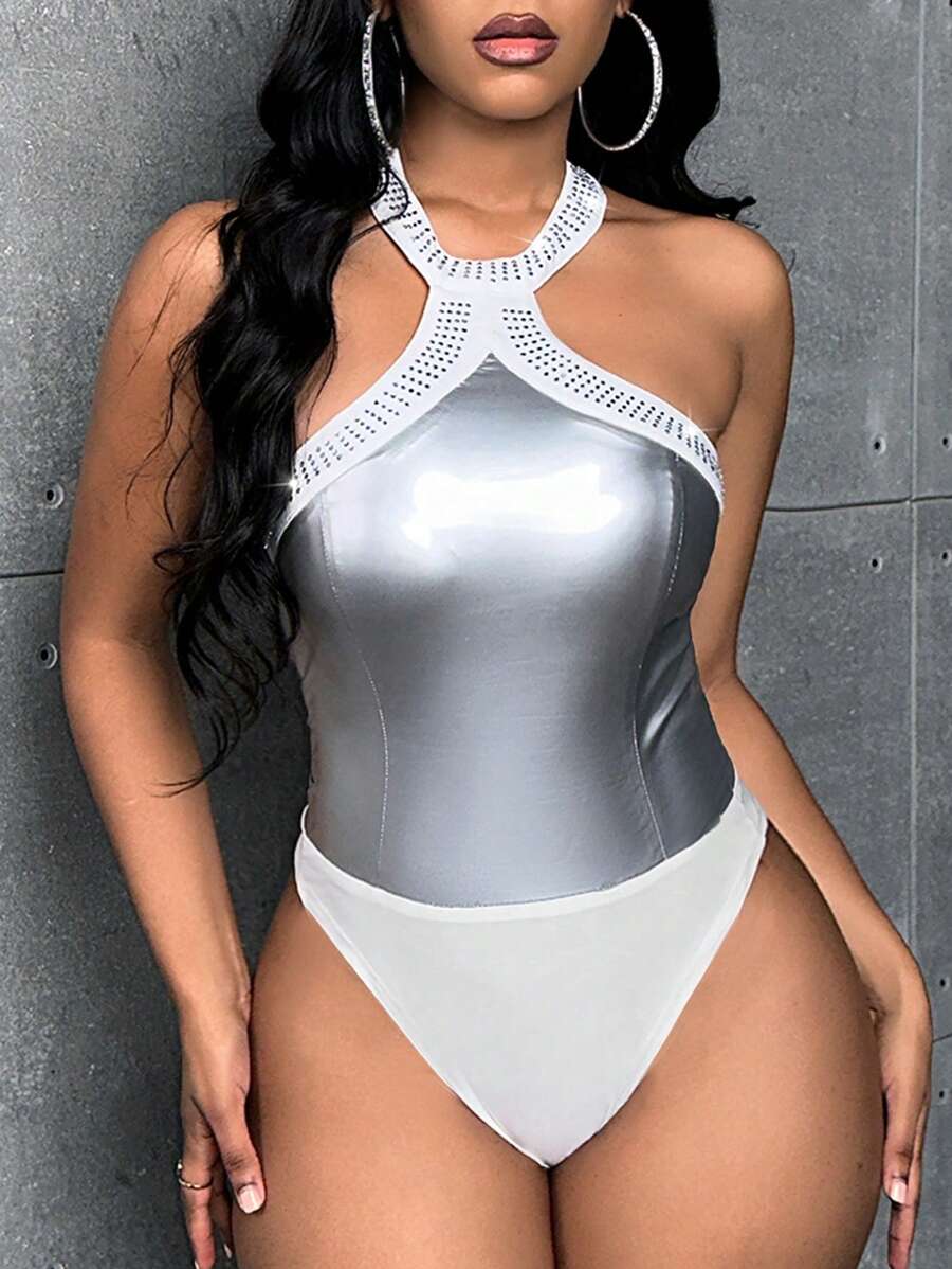 Slaydiva Contrast Lace Trim Halter Neck PU Bodysuit - Silver - View 1
