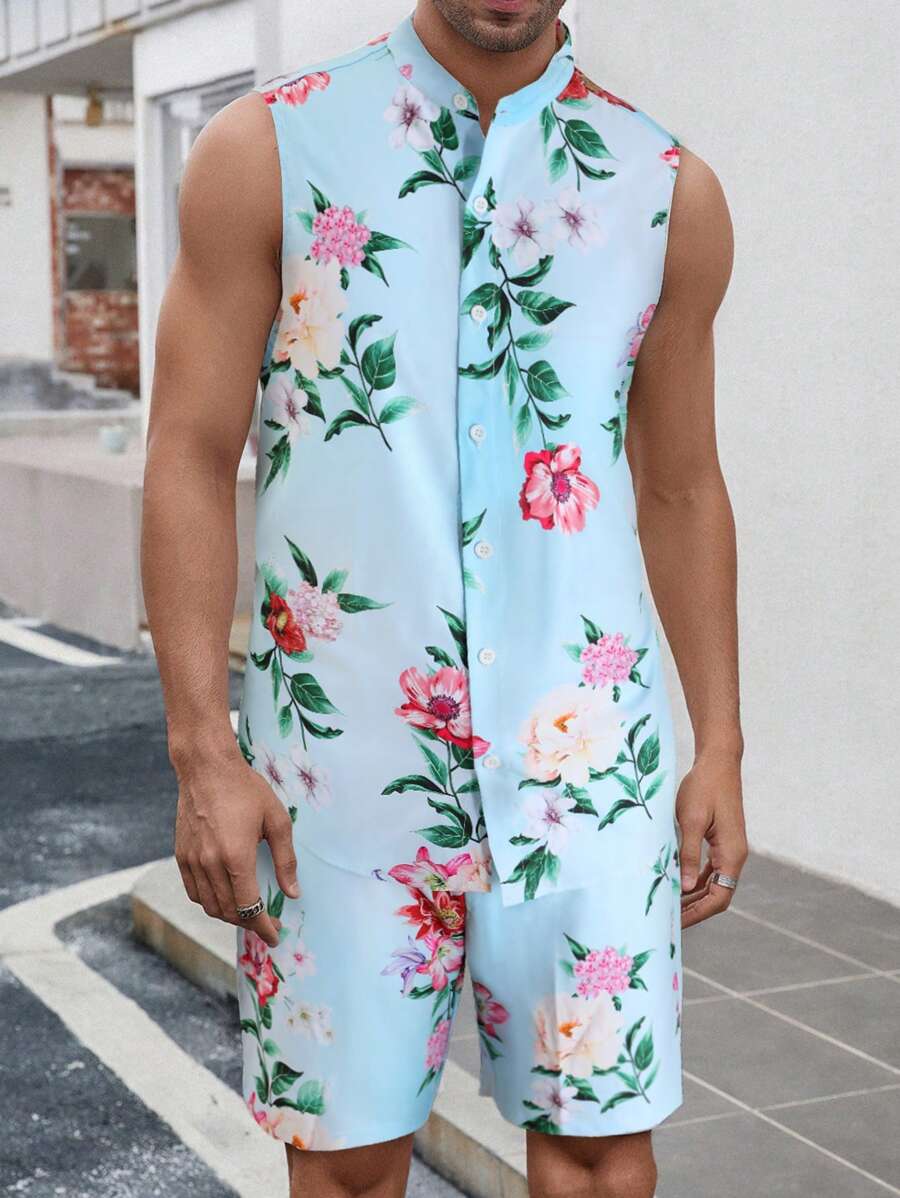 Manfinity RSRT Men Floral Print Shirt & Drawstring Waist Shorts - Baby Blue - View 1