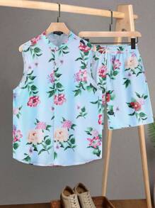 Manfinity RSRT Men Floral Print Shirt & Drawstring Waist Shorts - Baby Blue - View 3