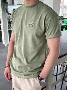 DAZY 男士棉字母圖案T恤 - 軍綠色 - 查看 5