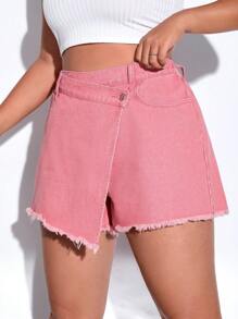 SHEIN EZwear Plus Raw Hem Denim Skort - Pink - View 5