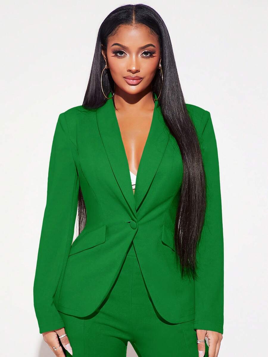SHEIN SXY Shawl Collar Single Button Blazer Without Bra - Green - View 1