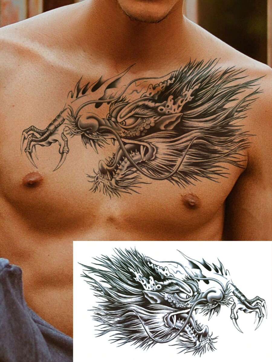 半胸部肩膀龍樣式假臨時紋身貼適用於成年人男士 - 黑與白 - 查看 1