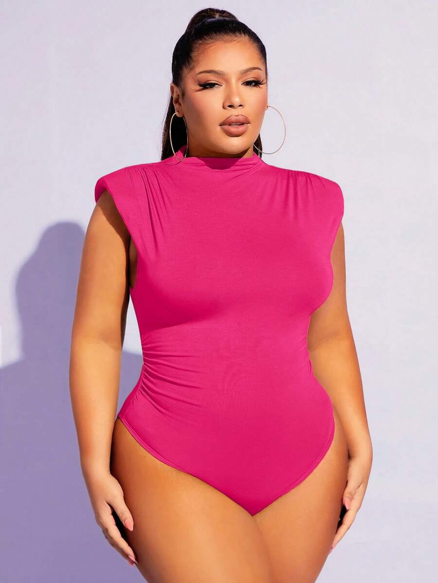 SHEIN SXY Plus Solid Shoulder Pad Mock Neck Ruched Bodysuit - Hot Pink - View 1