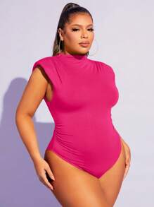 SHEIN SXY Plus Solid Shoulder Pad Mock Neck Ruched Bodysuit - Hot Pink - View 3