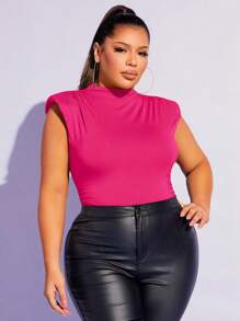 SHEIN SXY Plus Solid Shoulder Pad Mock Neck Ruched Bodysuit - Hot Pink - View 5