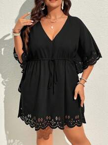 SHEIN VCAY Plus Size Laser Cut Out Drawstring Waist Cover Up Dress Summer