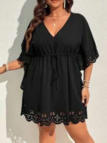 SHEIN VCAY Plus Size Laser Cut Out Drawstring Waist Cover Up Dress Summer