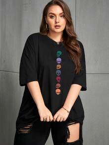 SHEIN EZwear Plus Skull Print Drop Shoulder Tee - Black - View 3
