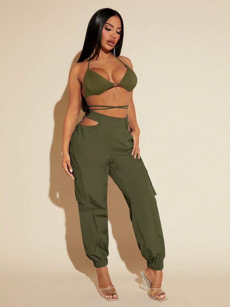 SHEIN SXY unicolor Top halter crop & de cintura con abertura con bolsillo con solapa Pantalones cargo - Verde militar - Añade 3