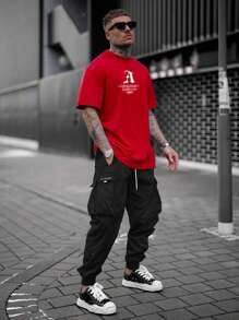 Manfinity EMRG Men Letter Graphic Flap Pocket Drawstring Waist Cargo Pants, For Fall