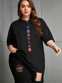SHEIN EZwear Plus Skull Print Drop Shoulder Tee - Black - View 6