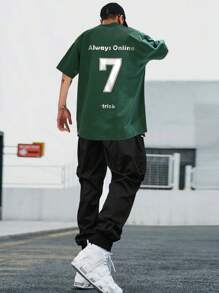 Manfinity EMRG Men Letter Graphic Flap Pocket Drawstring Waist Cargo Pants, For Fall