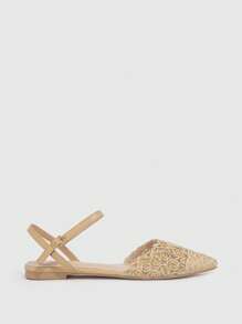 Straw Braid Detail Ankle Strap Flats - Apricot - View 5