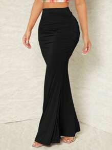SHEIN SXY Solid Ruched Mermaid Hem Skirt - Black - View 1