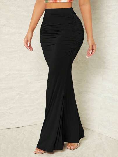 SHEIN SXY Solid Ruched Mermaid Hem Skirt