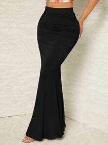 SHEIN SXY Solid Ruched Mermaid Hem Skirt - Black - View 3