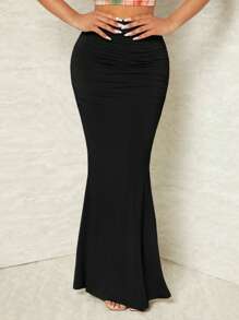 SHEIN SXY Solid Ruched Mermaid Hem Skirt - Black - View 5